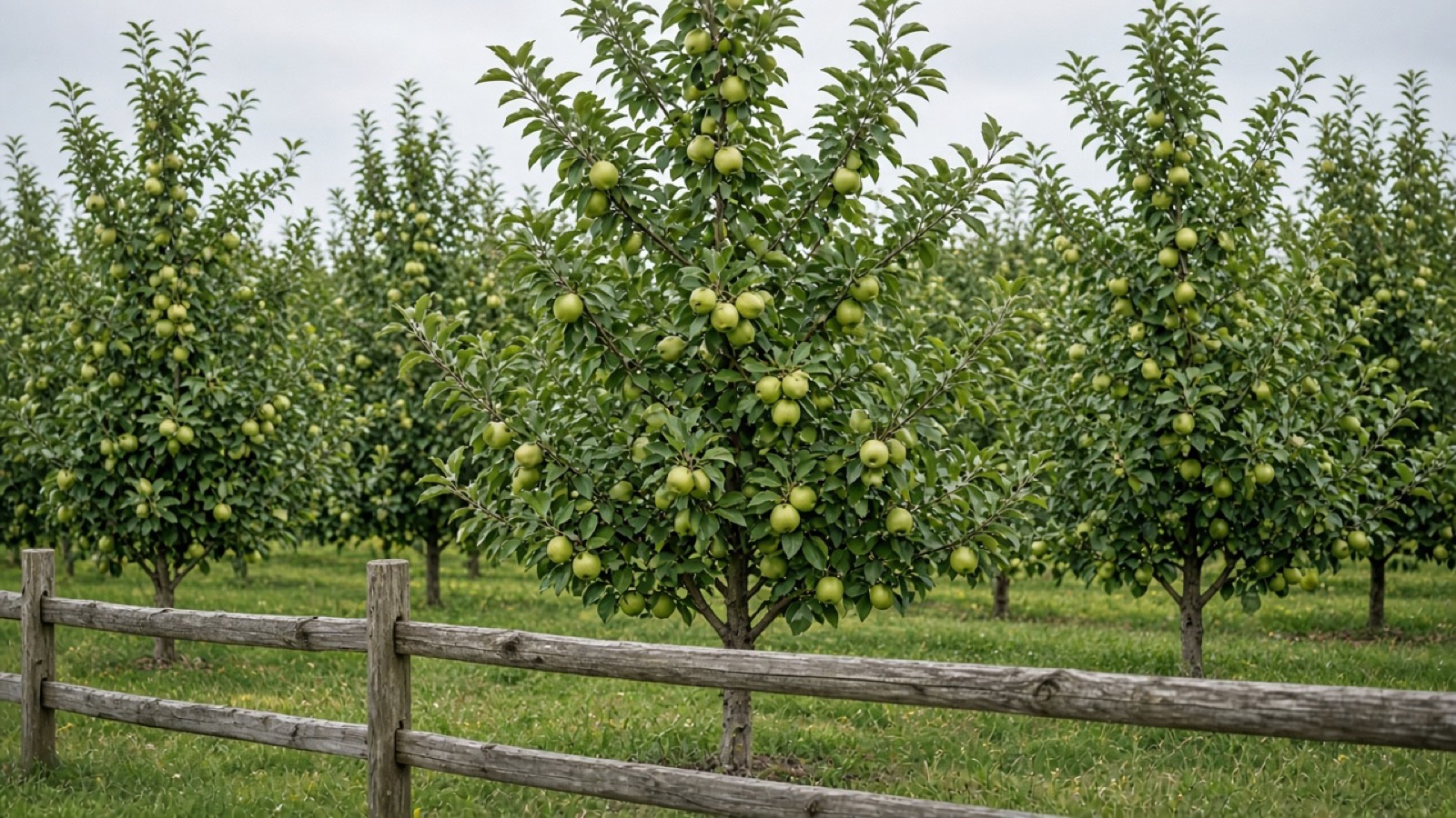 Apple trees behind a wooden fence